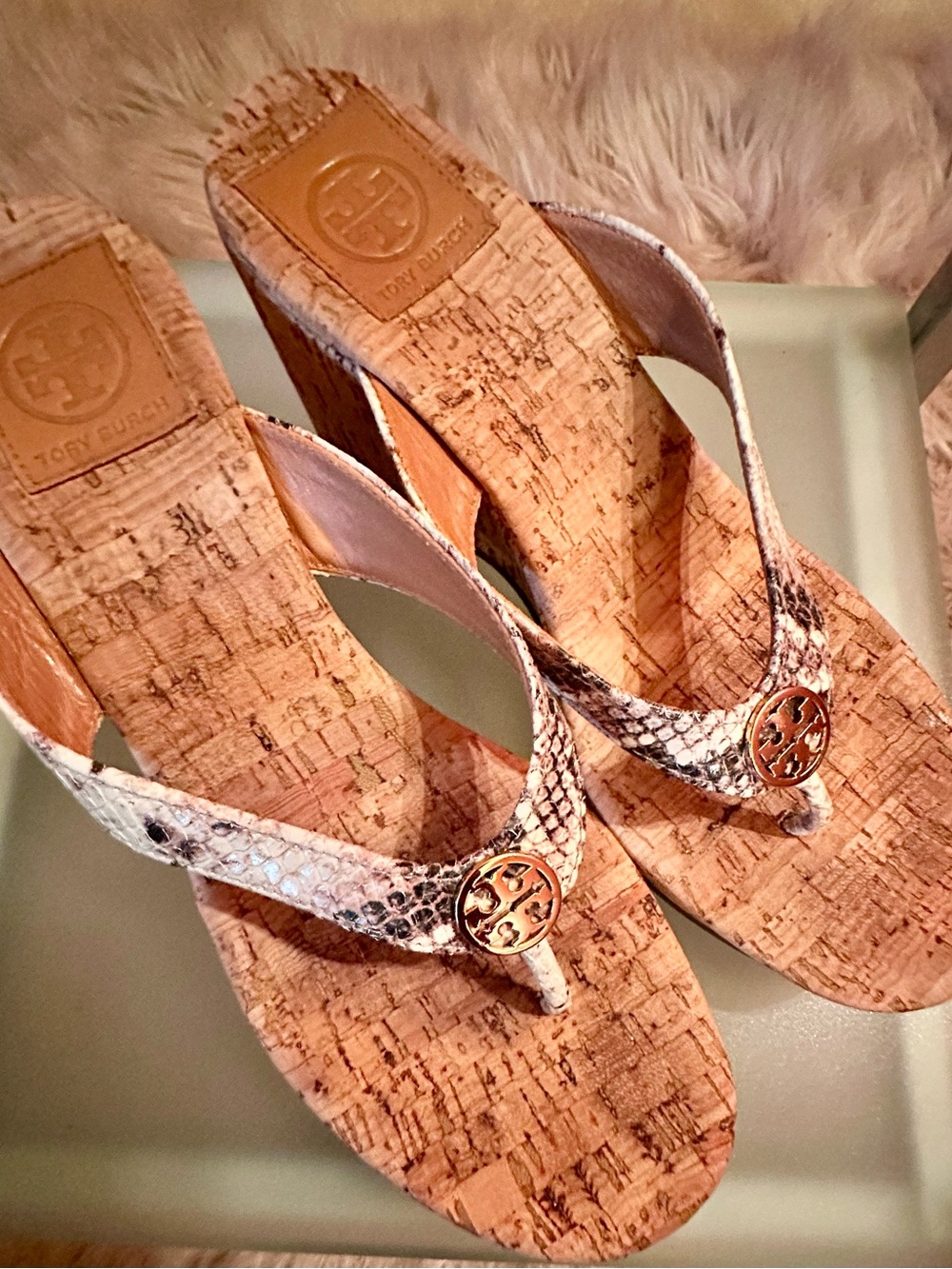 Tory Burch Multi-Tone Snake-Print Cork Wedge Thong Sandals